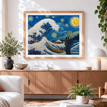 Finished the great wave and the scream mashup cross stitch artwork displayed