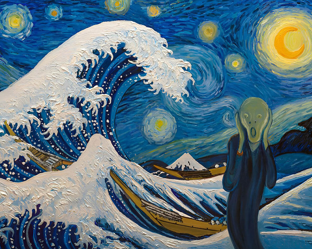 The great wave and the scream mashup cross stitch kit for beginners