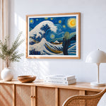 The great wave and the scream mashup cross stitch artwork displayed on wall as home decor