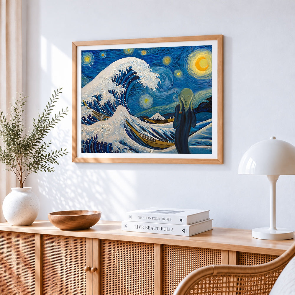 The great wave and the scream mashup cross stitch artwork displayed on wall as home decor