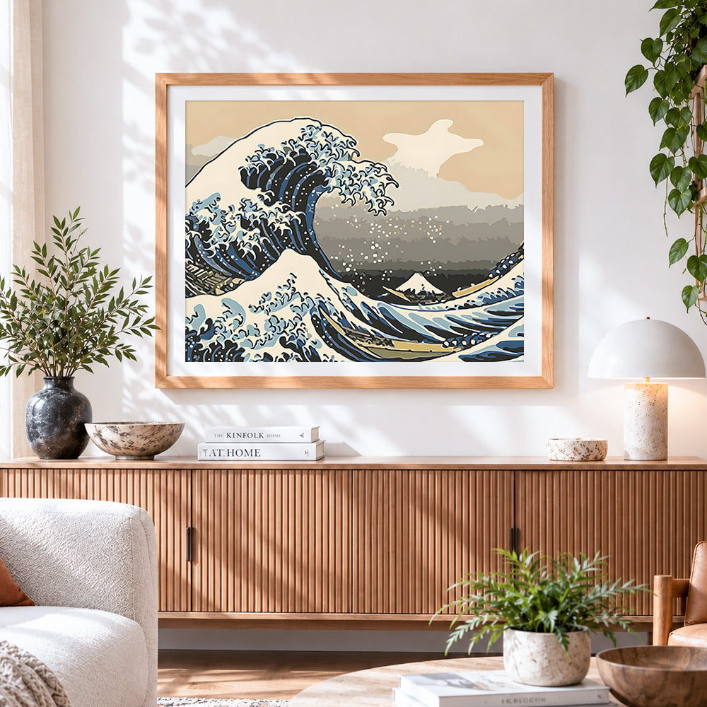 Finished the great wave cross stitch artwork displayed
