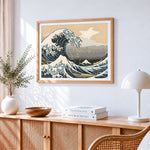 The great wave cross stitch artwork displayed on wall as home decor