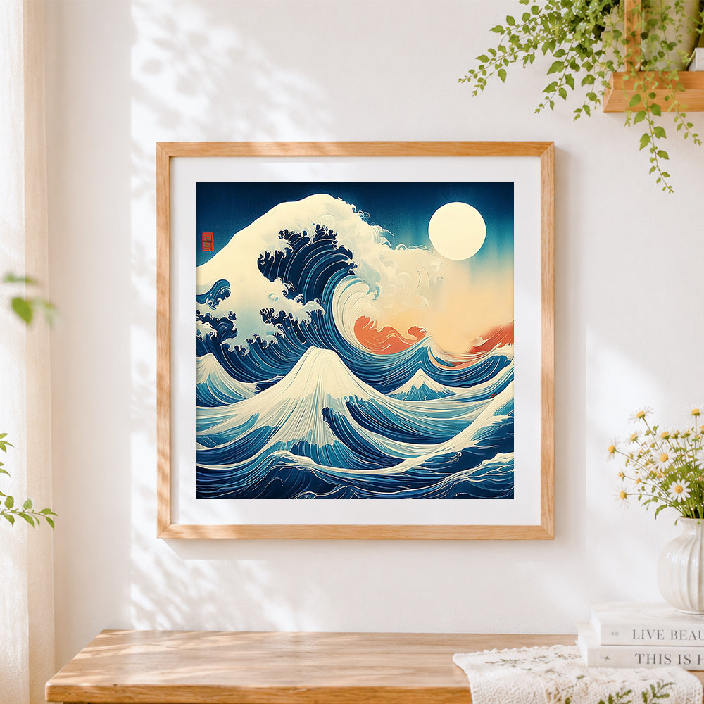 Finished the great wave off kanagawa style cross stitch artwork displayed