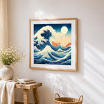 The great wave off kanagawa style cross stitch artwork displayed on wall as home decor