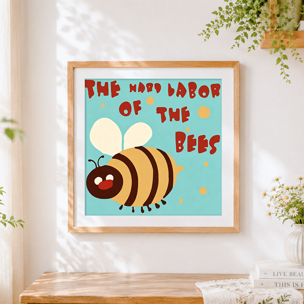 Finished "the hard labor of the bees" cross stitch artwork displayed