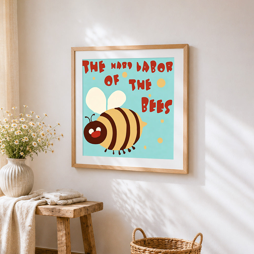 "The hard labor of the bees" cross stitch artwork displayed on wall as home decor