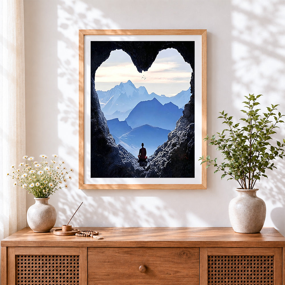 Finished the heart-shaped cave meditation cross stitch artwork displayed