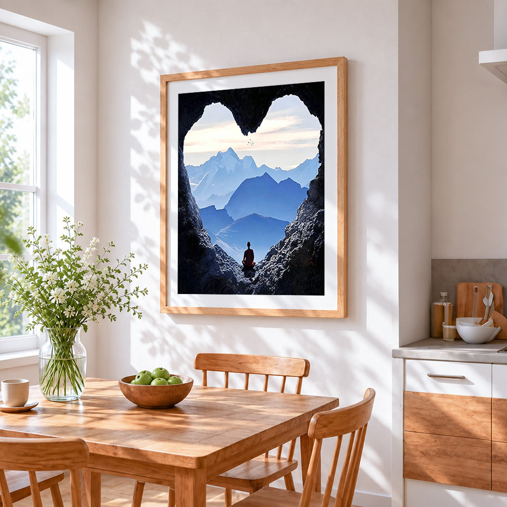 The heart-shaped cave meditation cross stitch artwork displayed on wall as home decor