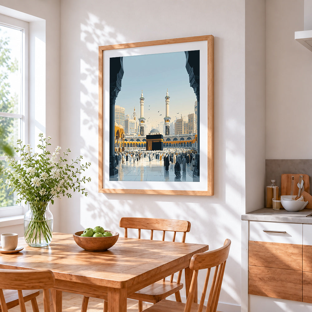 The kaaba in mecca cross stitch artwork displayed on wall as home decor