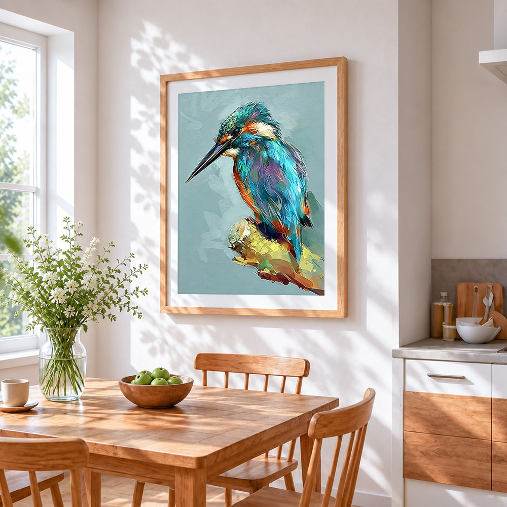 The kingfisher's rest cross stitch artwork displayed on wall as home decor