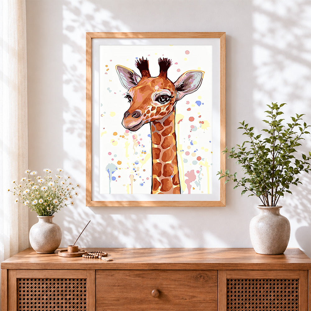 Finished the long lashed giraffe cross stitch artwork displayed