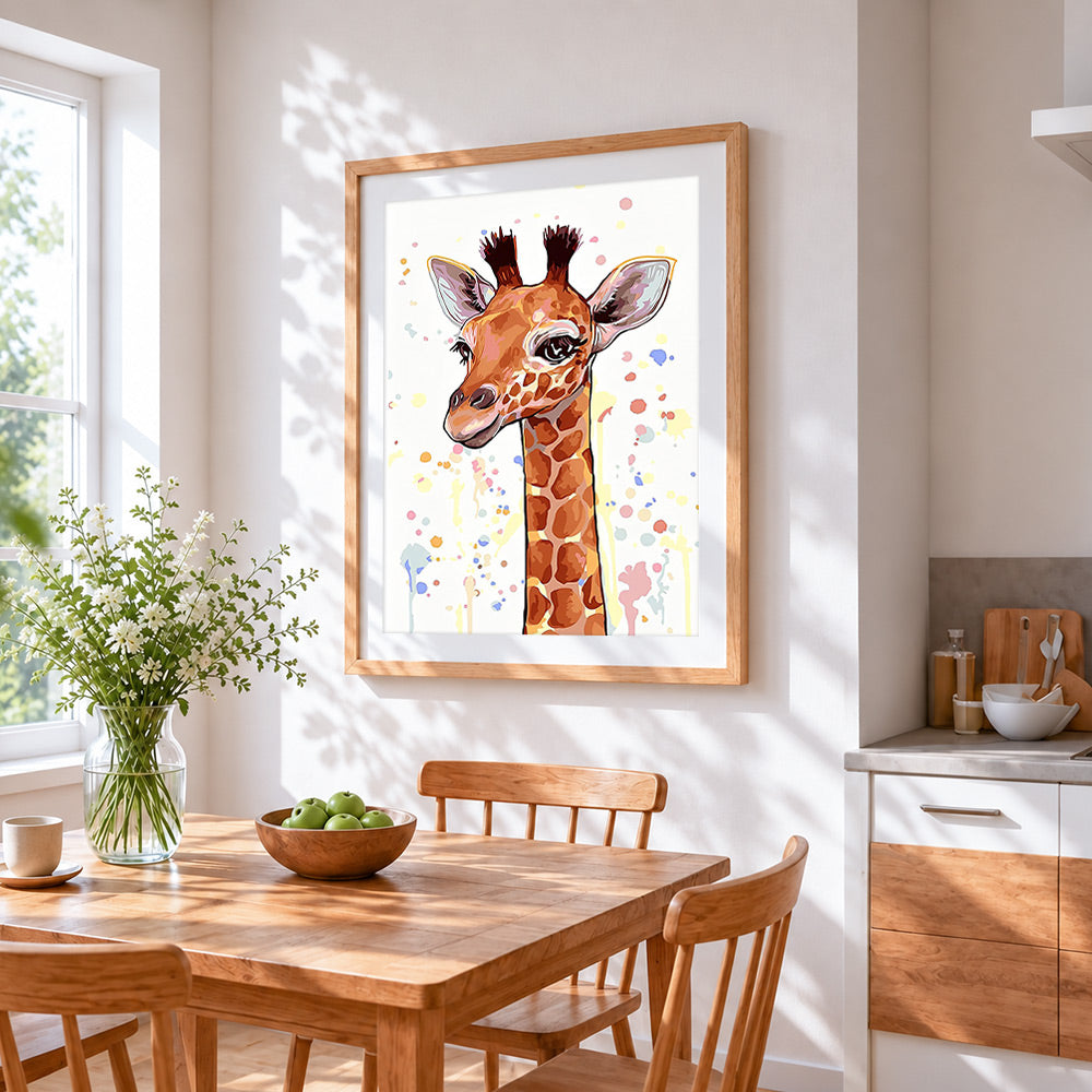 The long lashed giraffe cross stitch artwork displayed on wall as home decor