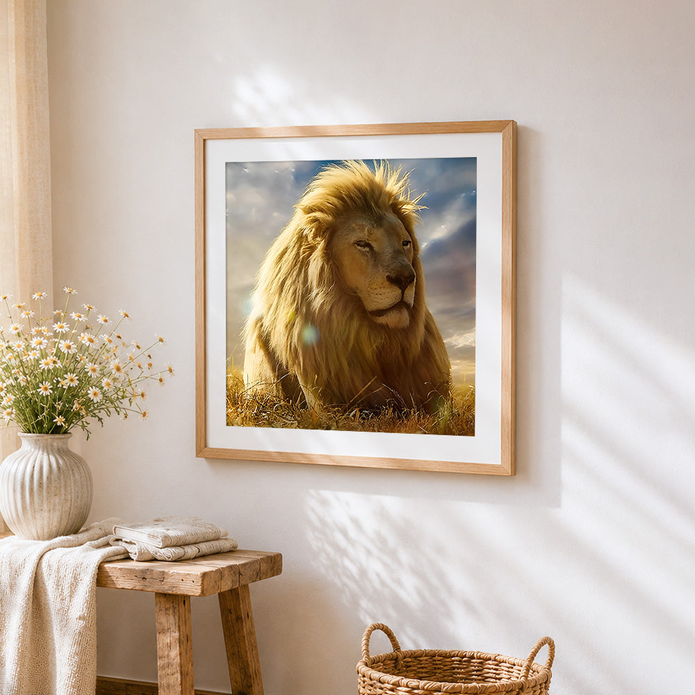 The mighty lion cross stitch artwork displayed on wall as home decor