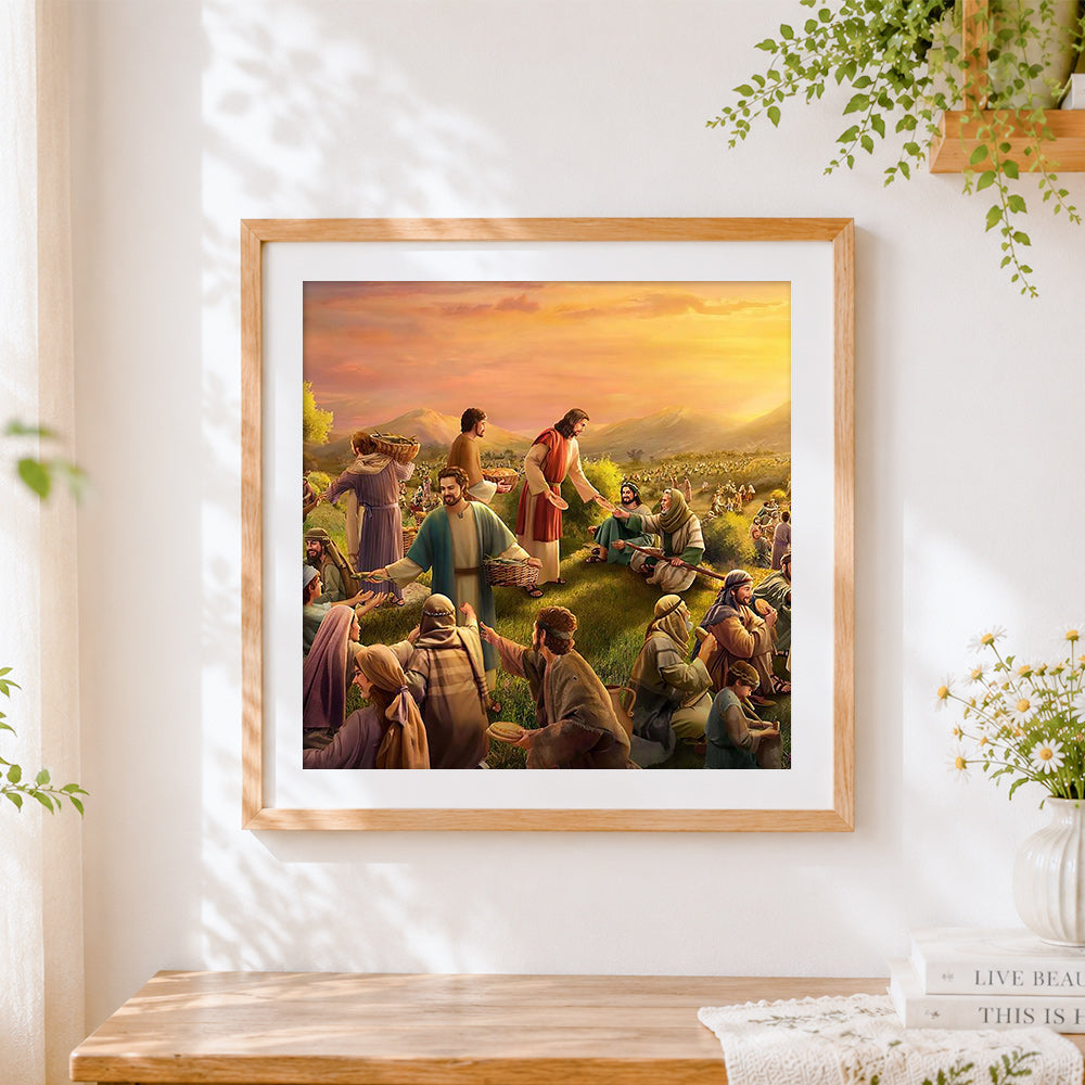 Finished the miracle of the loaves and fishes cross stitch artwork displayed