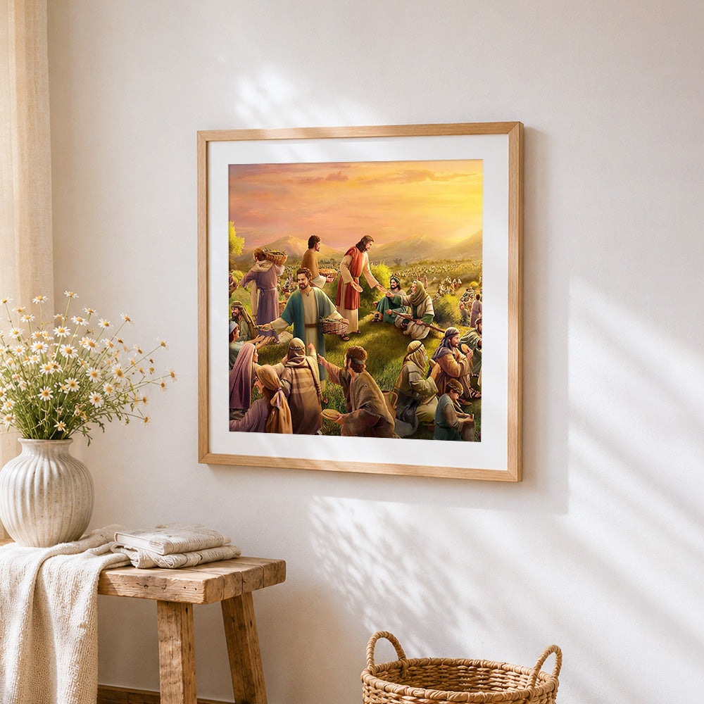 The miracle of the loaves and fishes cross stitch artwork displayed on wall as home decor