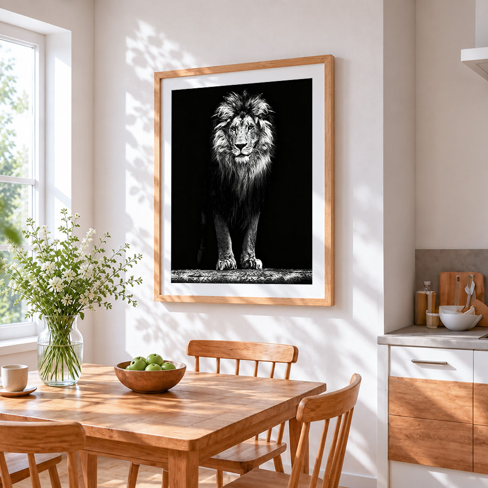 The monochrome king cross stitch artwork displayed on wall as home decor