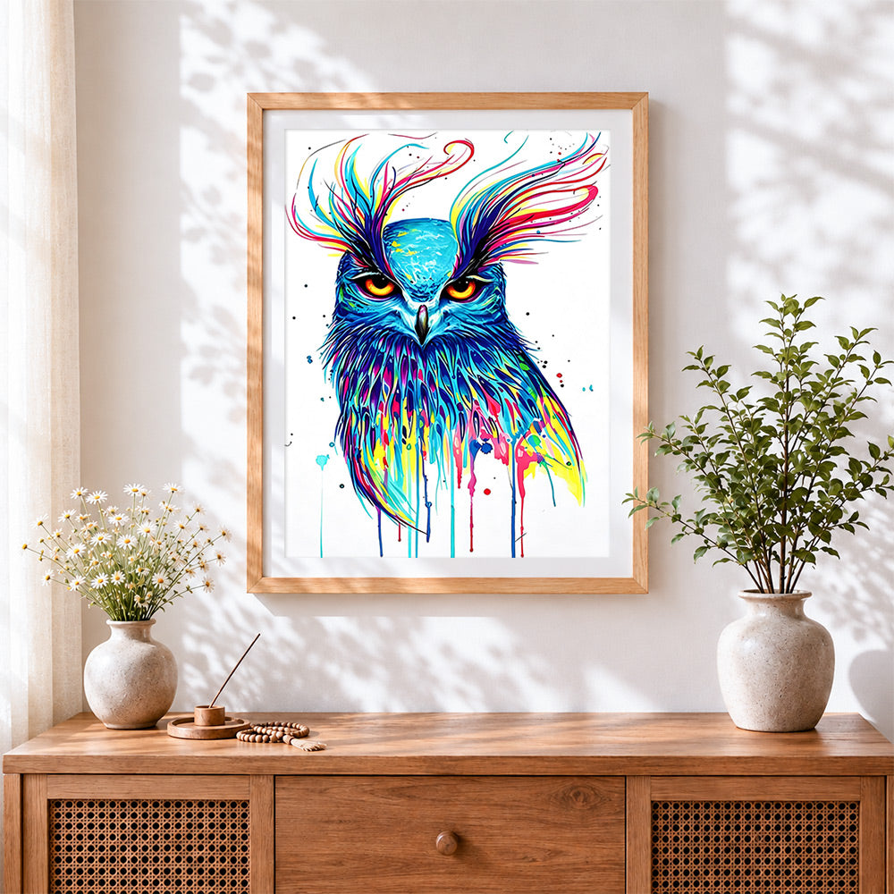 Finished the owl's fiery gaze cross stitch artwork displayed