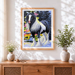 Finished the piebald horse in winter cross stitch artwork displayed