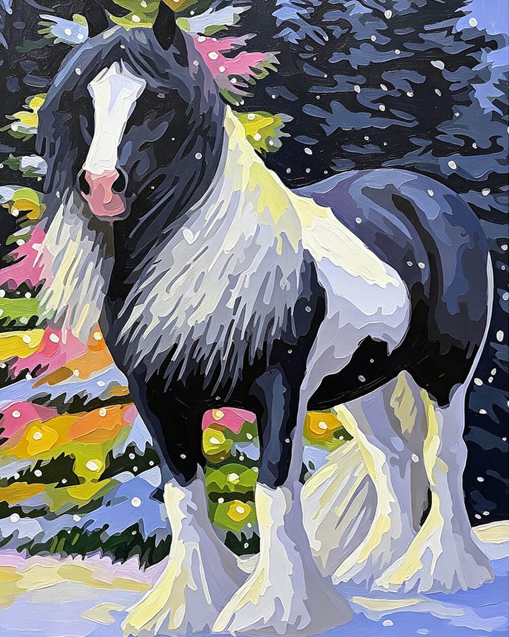 The piebald horse in winter cross stitch kit for beginners