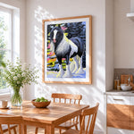 The piebald horse in winter cross stitch artwork displayed on wall as home decor