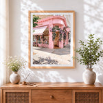 Finished the pink corner shop cross stitch artwork displayed
