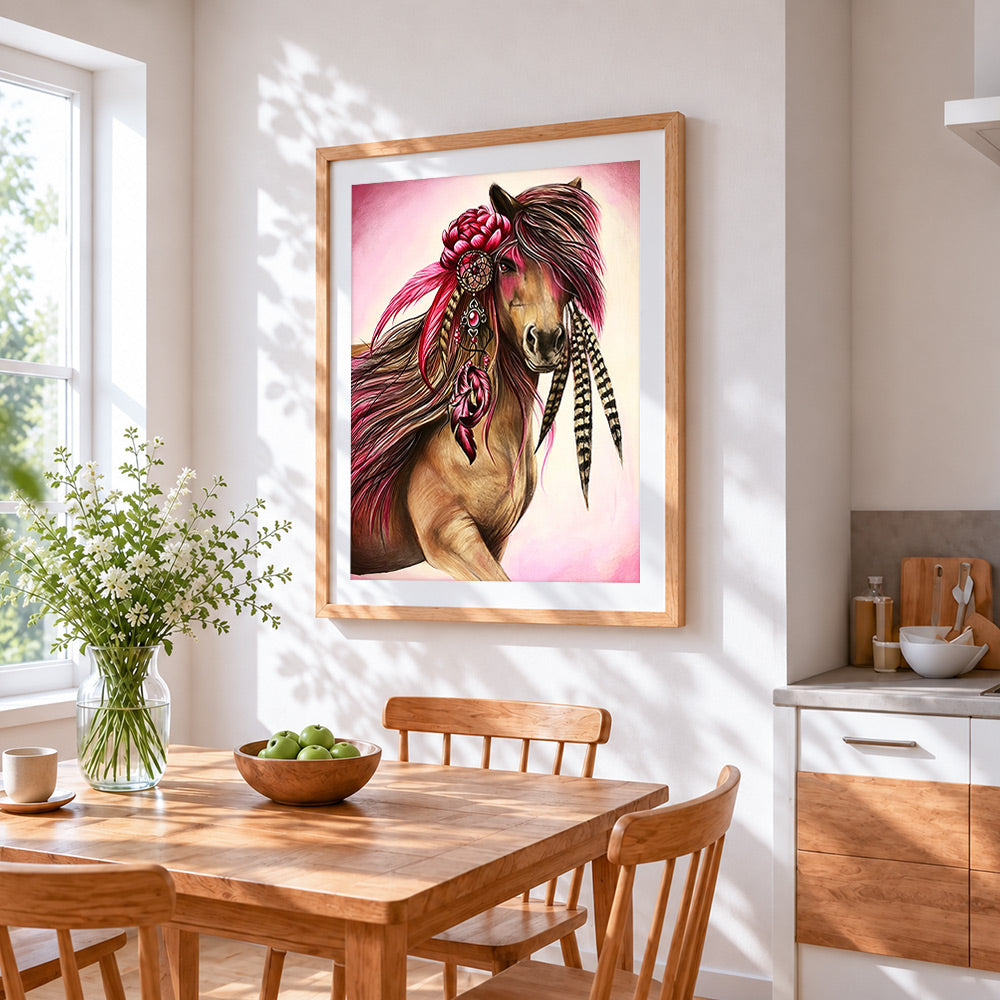 The pink maned pony cross stitch artwork displayed on wall as home decor