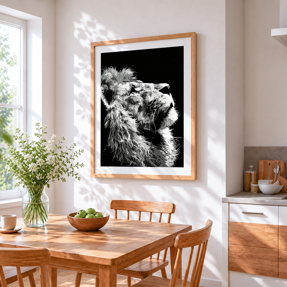 The profile of a lion cross stitch artwork displayed on wall as home decor
