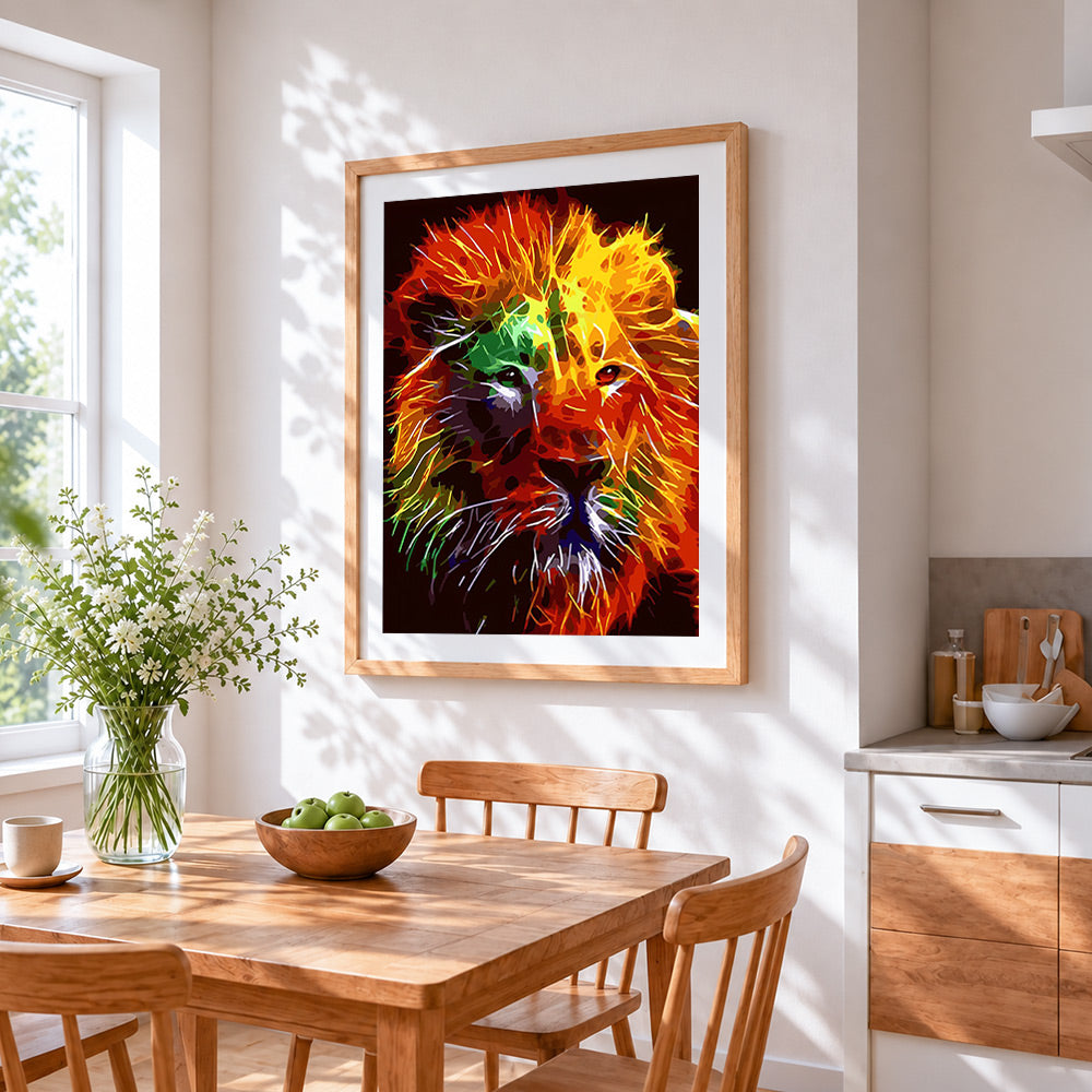 The psychedelic lion cross stitch artwork displayed on wall as home decor