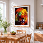The psychedelic lion cross stitch artwork displayed on wall as home decor