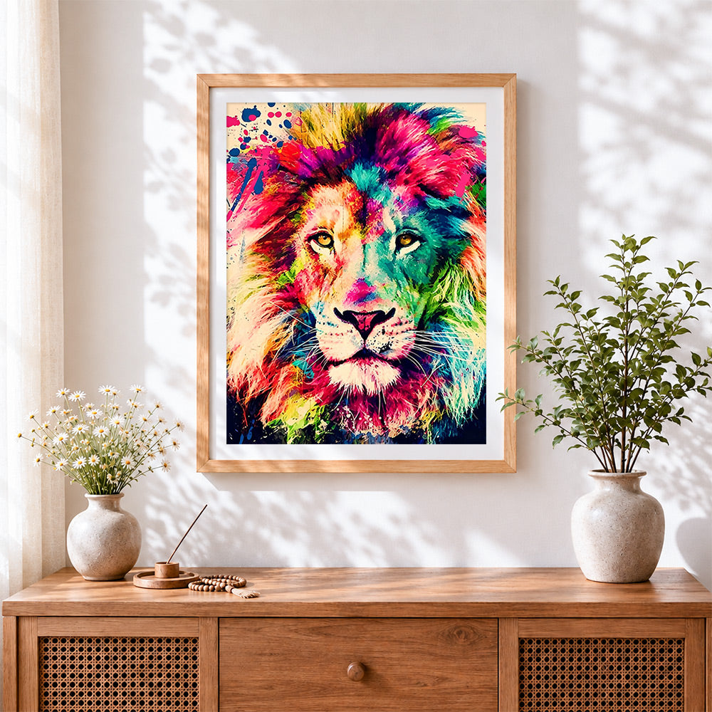Finished the rainbow maned lion cross stitch artwork displayed
