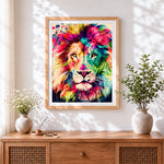 Finished the rainbow maned lion cross stitch artwork displayed
