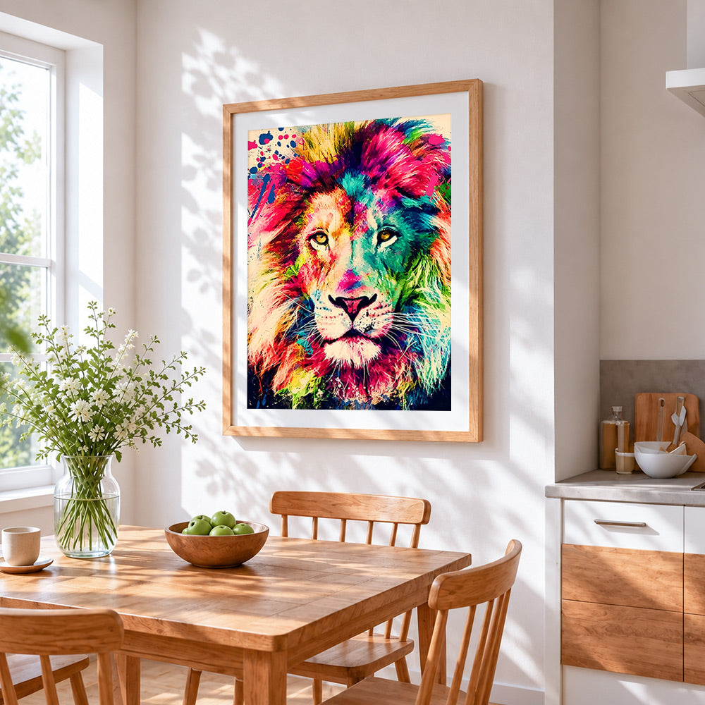 The rainbow maned lion cross stitch artwork displayed on wall as home decor