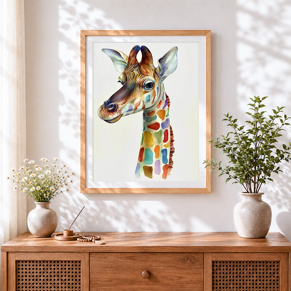 Finished the rainbow spotted giraffe cross stitch artwork displayed