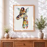 Finished the rainbow spotted giraffe cross stitch artwork displayed