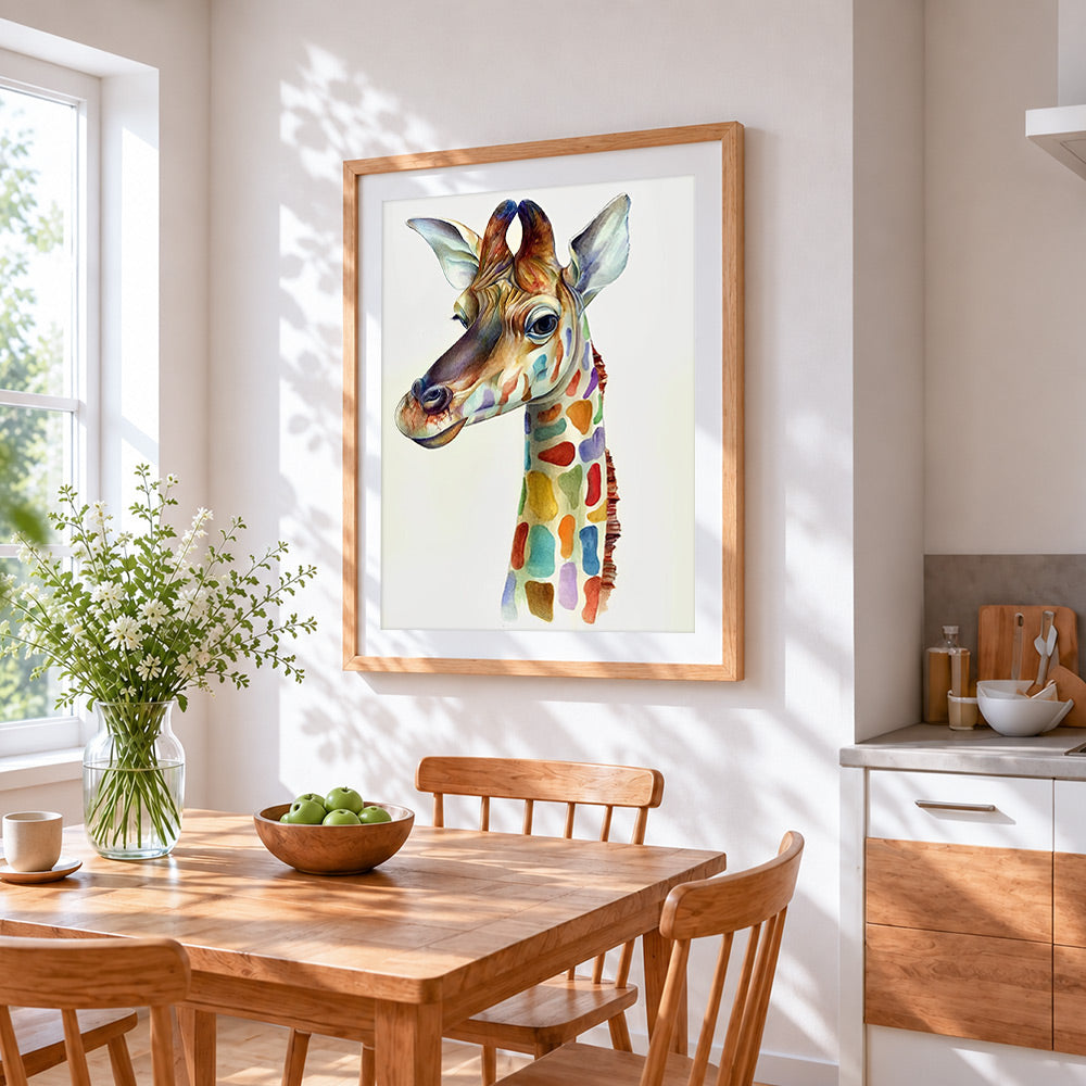 The rainbow spotted giraffe cross stitch artwork displayed on wall as home decor