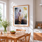 The risen christ cross stitch artwork displayed on wall as home decor