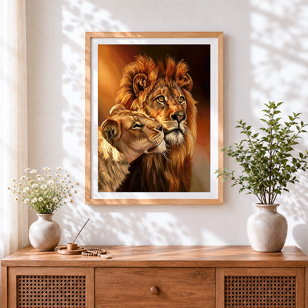 Finished the romantic lion couple cross stitch artwork displayed
