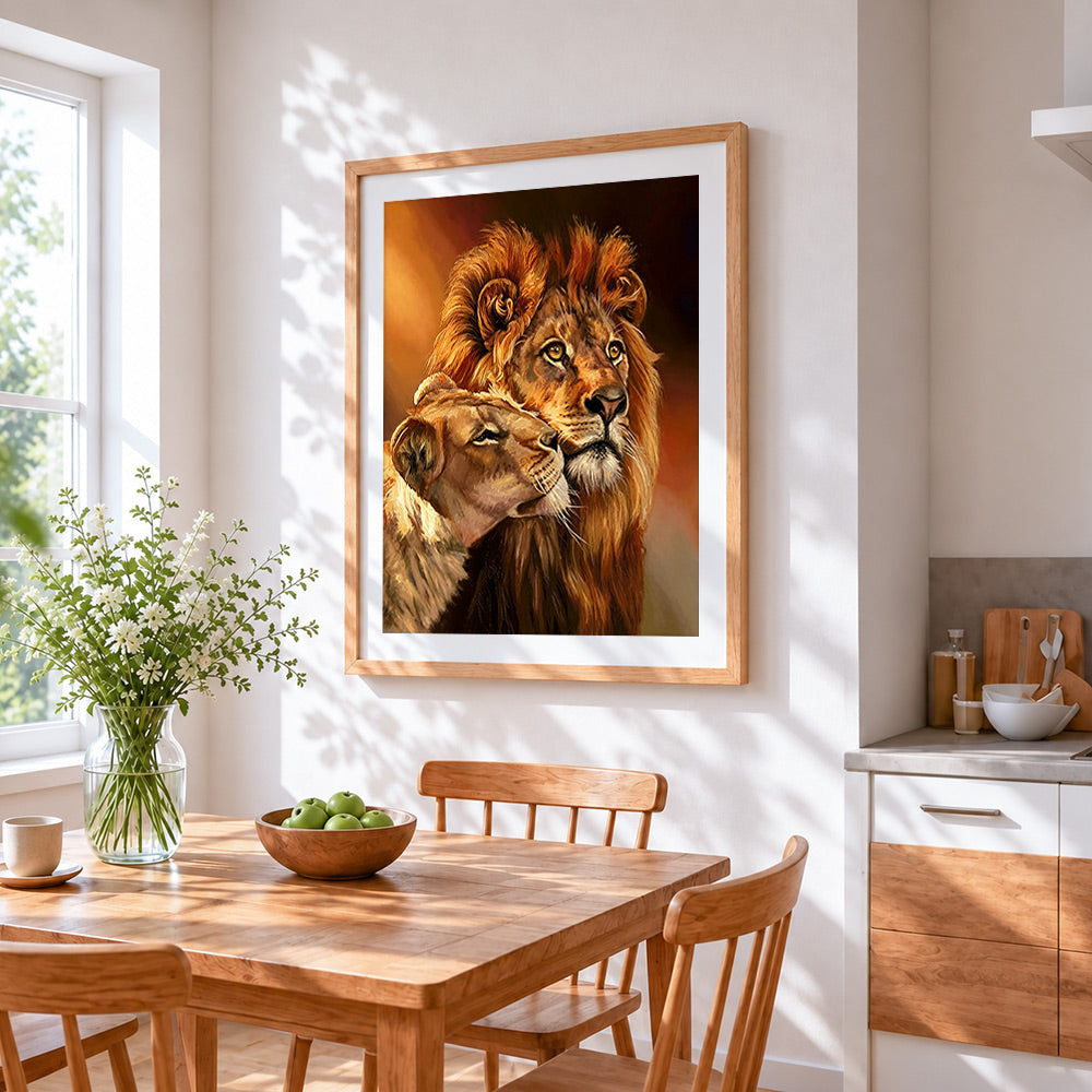 The romantic lion couple cross stitch artwork displayed on wall as home decor