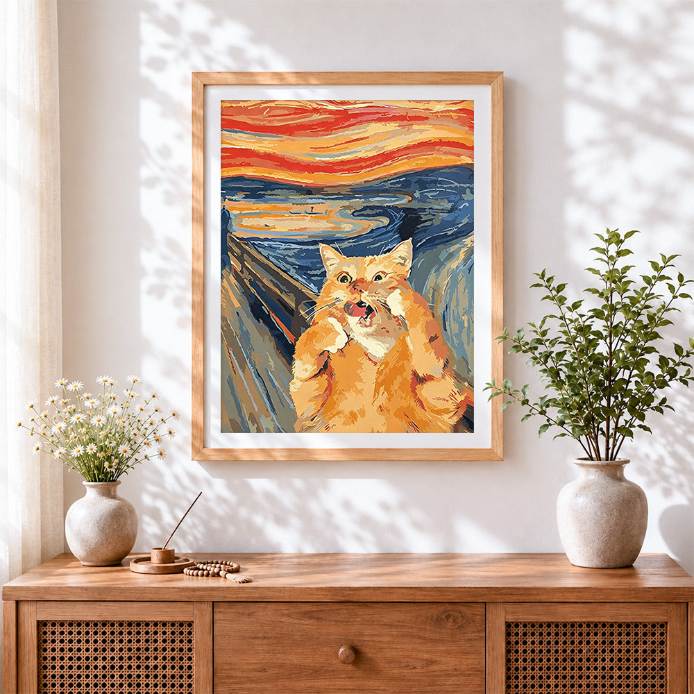 Finished the scream cat cross stitch artwork displayed