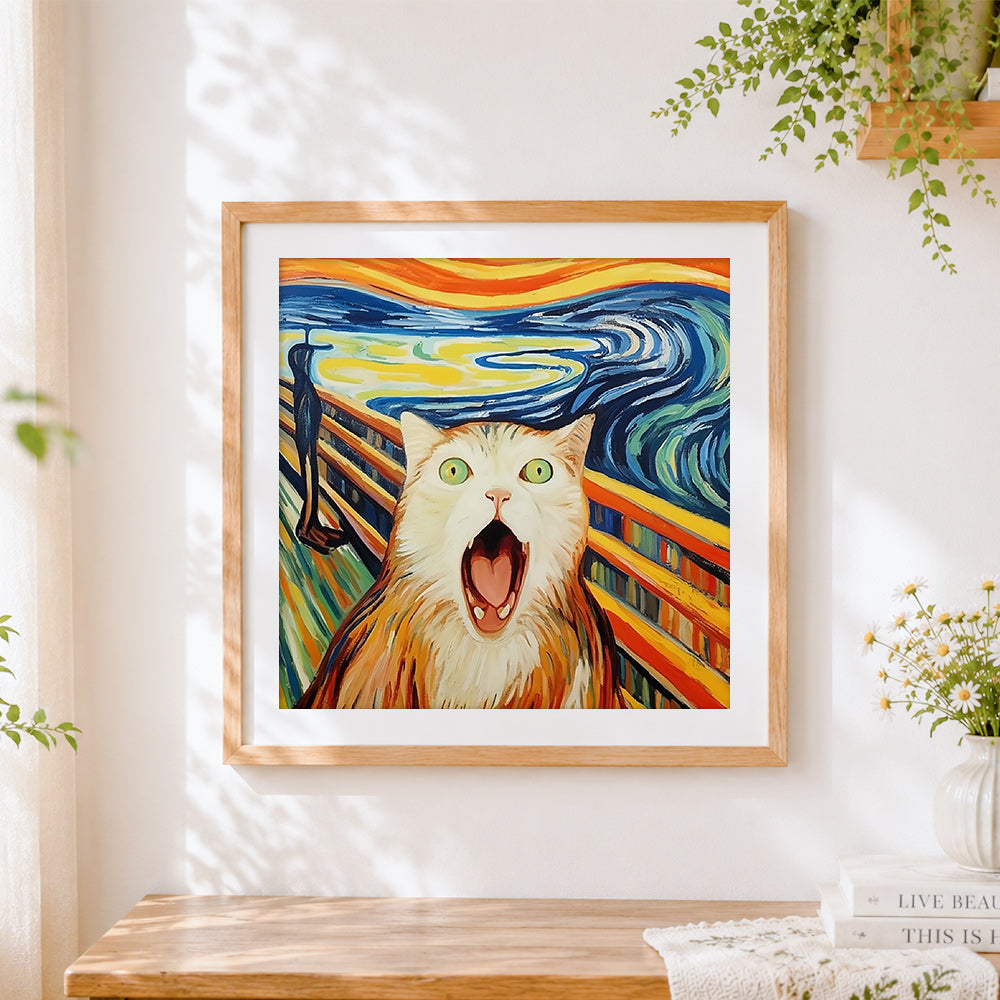 Finished the scream cat parody cross stitch artwork displayed