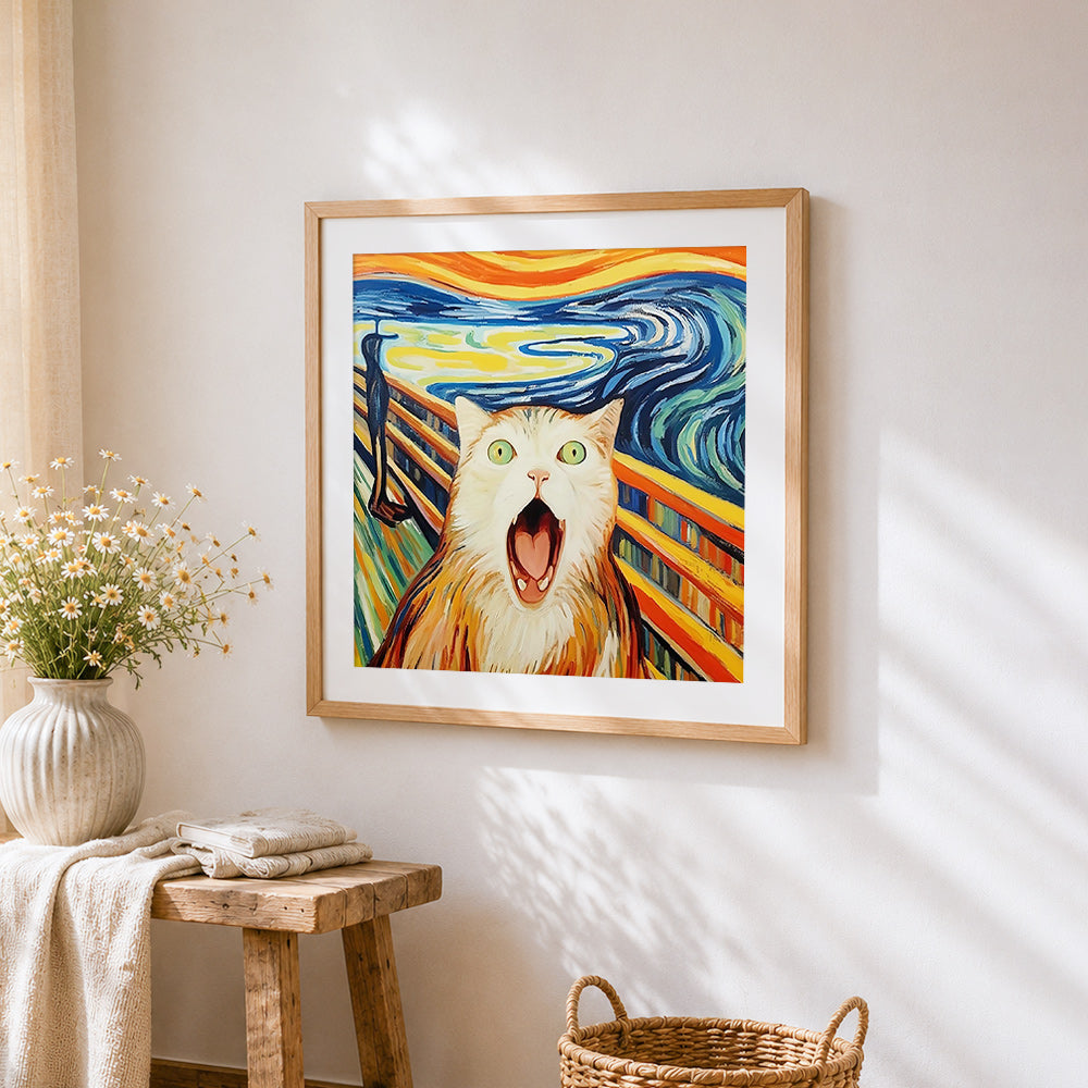 The scream cat parody cross stitch artwork displayed on wall as home decor