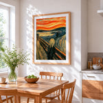 The scream inspired cross stitch artwork displayed on wall as home decor