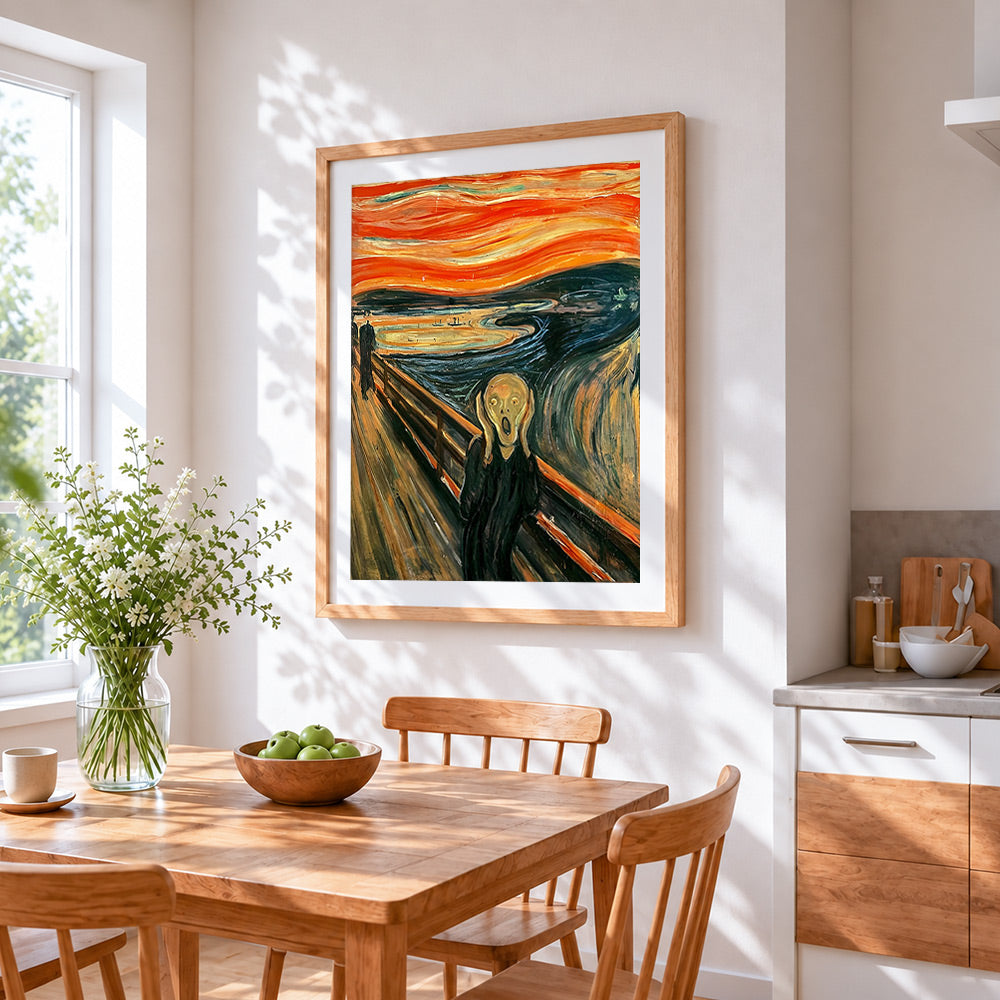 The scream inspired cross stitch artwork displayed on wall as home decor