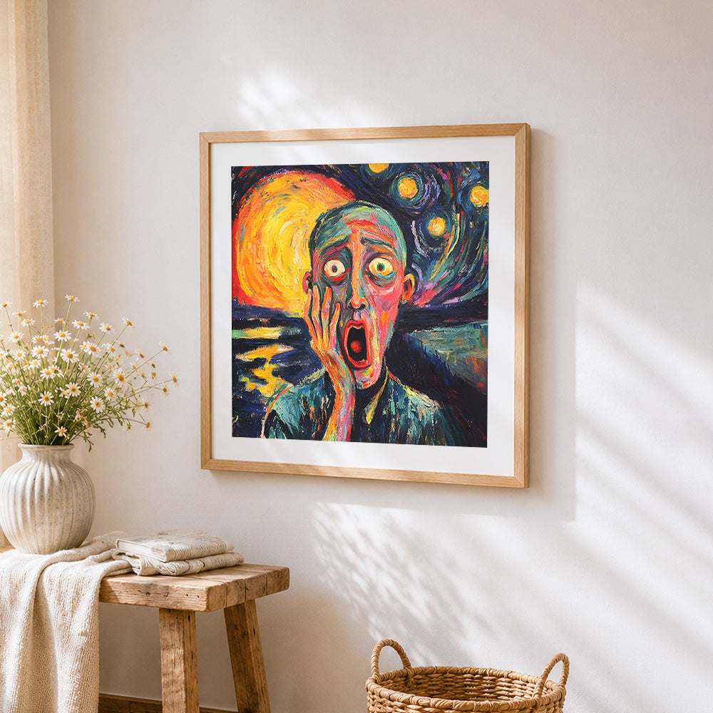 The scream inspired impasto portrait cross stitch artwork displayed on wall as home decor