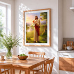 The shepherd and the lamb cross stitch artwork displayed on wall as home decor