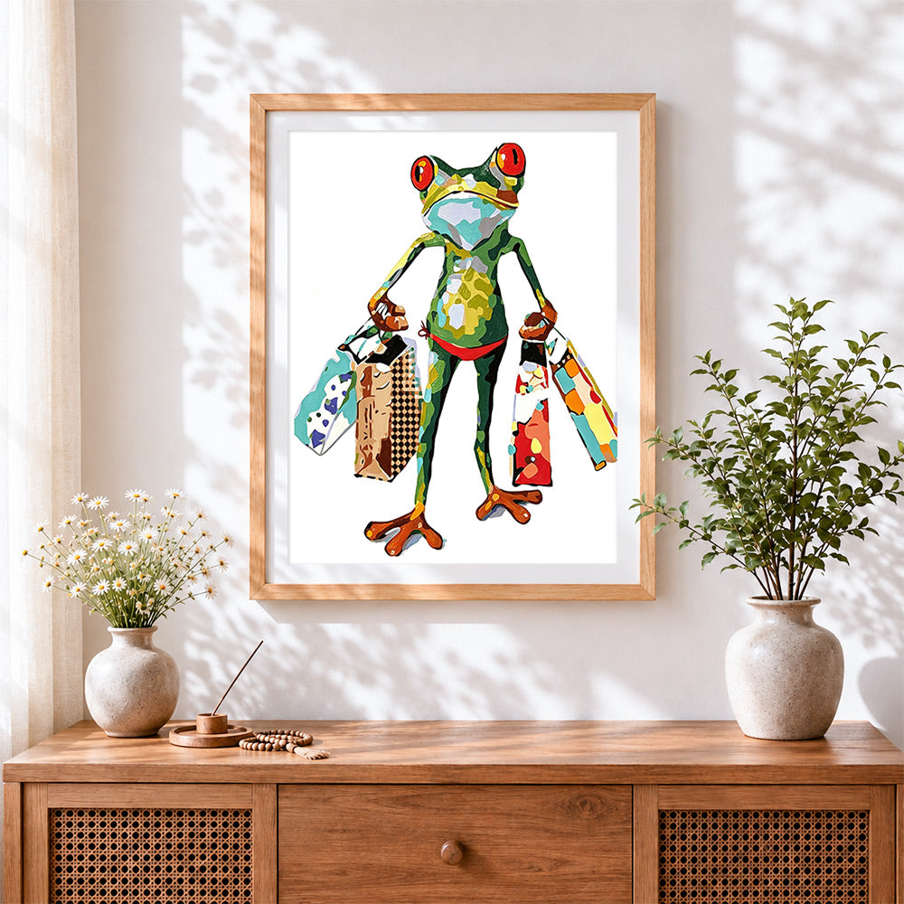 Finished the shopaholic frog cross stitch artwork displayed