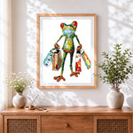 Finished the shopaholic frog cross stitch artwork displayed