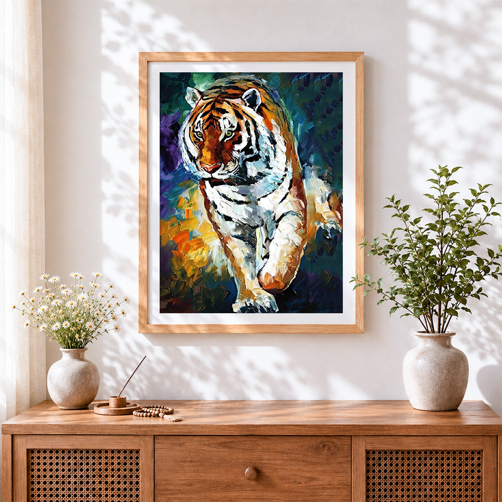 Finished the stalking tiger cross stitch artwork displayed