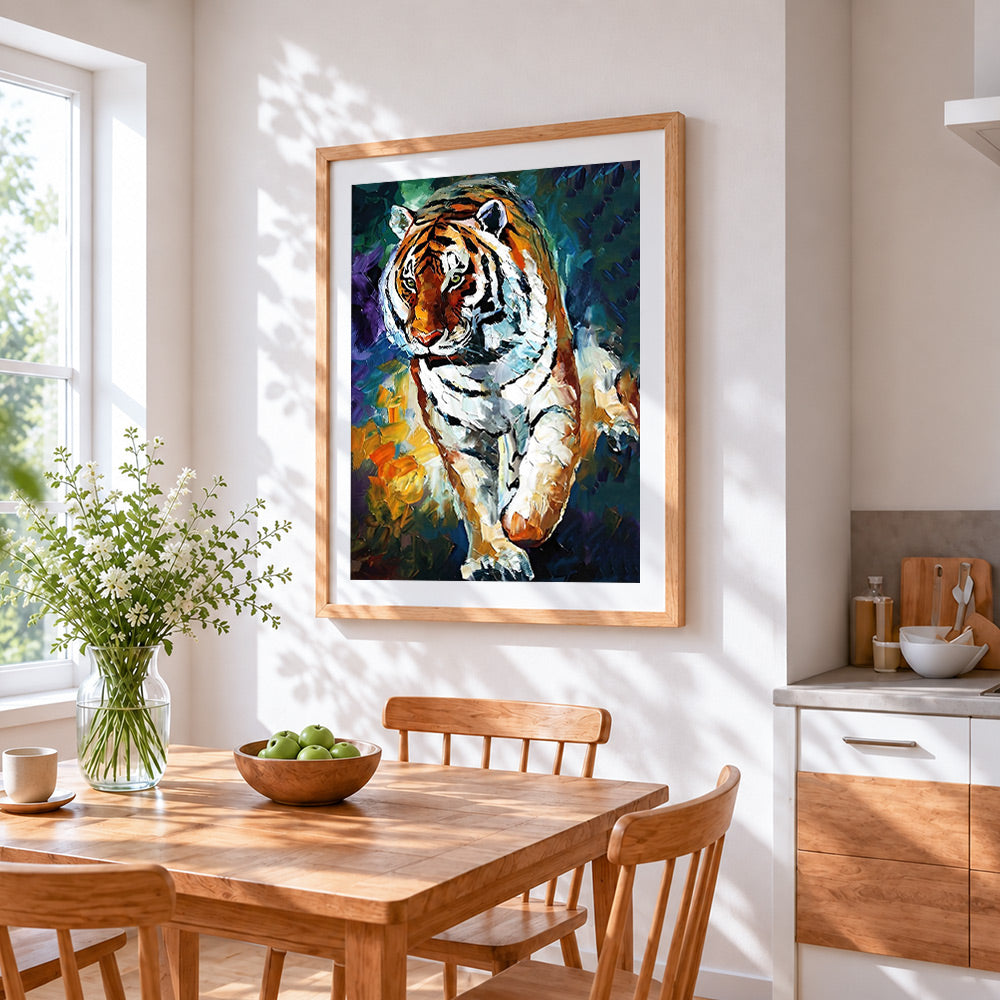 The stalking tiger cross stitch artwork displayed on wall as home decor