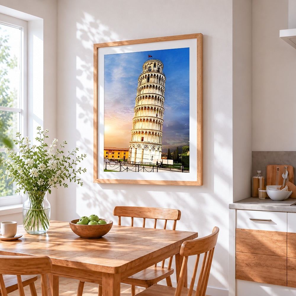The tilted tower of tuscany cross stitch artwork displayed on wall as home decor